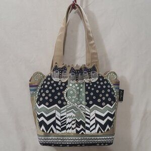 Vintage Laurel Burch Art Canvas Purse Handbag Cutout Cats Tan Black Zip Bag